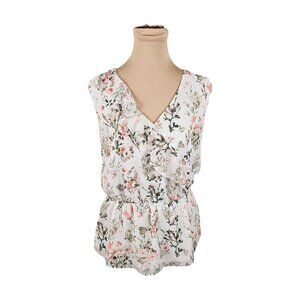 RW & Co White Floral Flowy Lightweight Waist Cinch Blouse Sz S